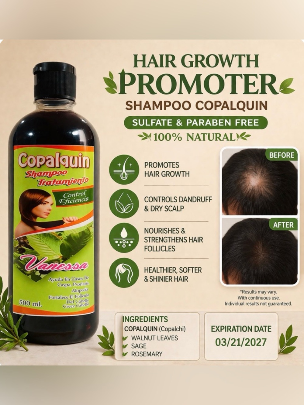 HAIR GROWTH PROMOTER, SHAMPOO COPALQUIN, SULFATE & PARABEN FREE, 100% NATURAL